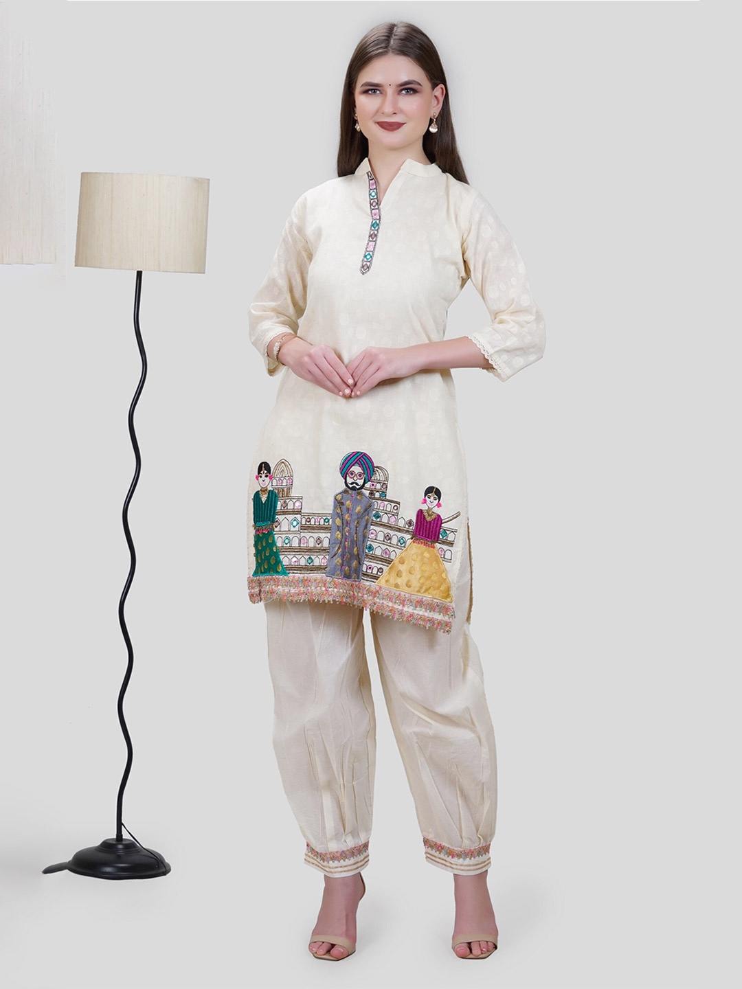 

MEHNAM Printed Pure Cotton Kurta With Trouser, Beige