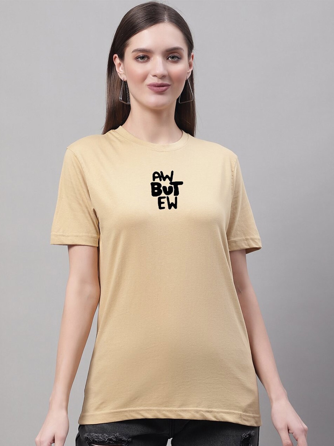 

Miaz Lifestyle Typography Printed Round Neck Pure Cotton T-shirt, Beige