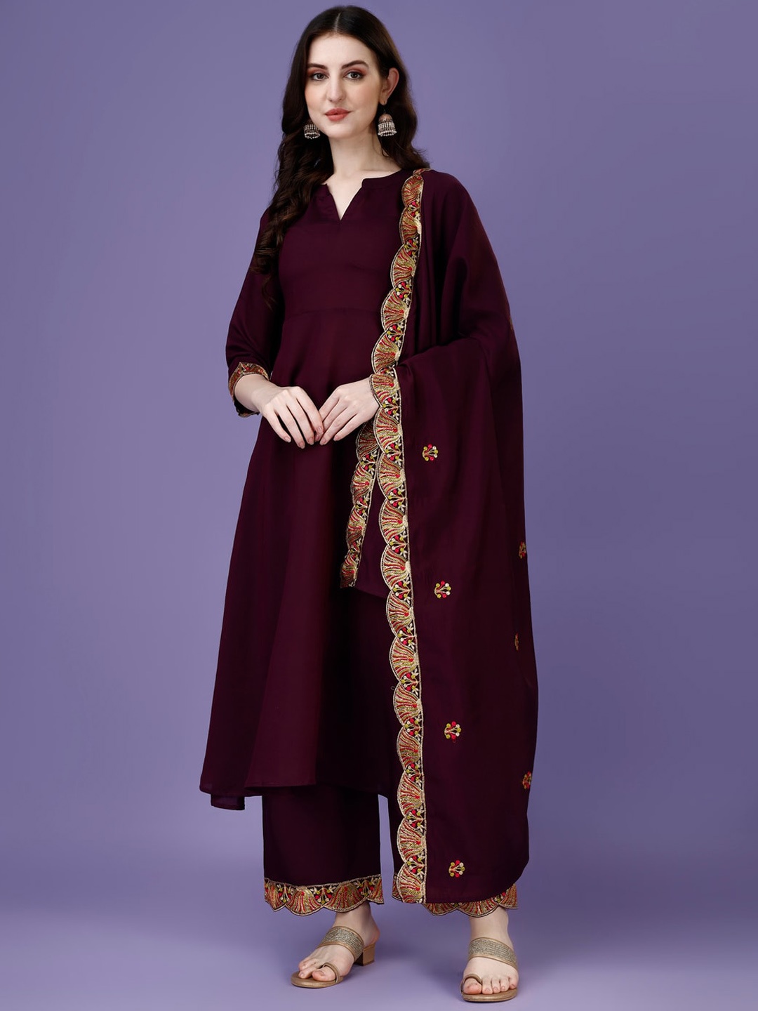 

KALINI Mandarin Collar Thread Work Kurta With Palazzos & Dupatta, Maroon
