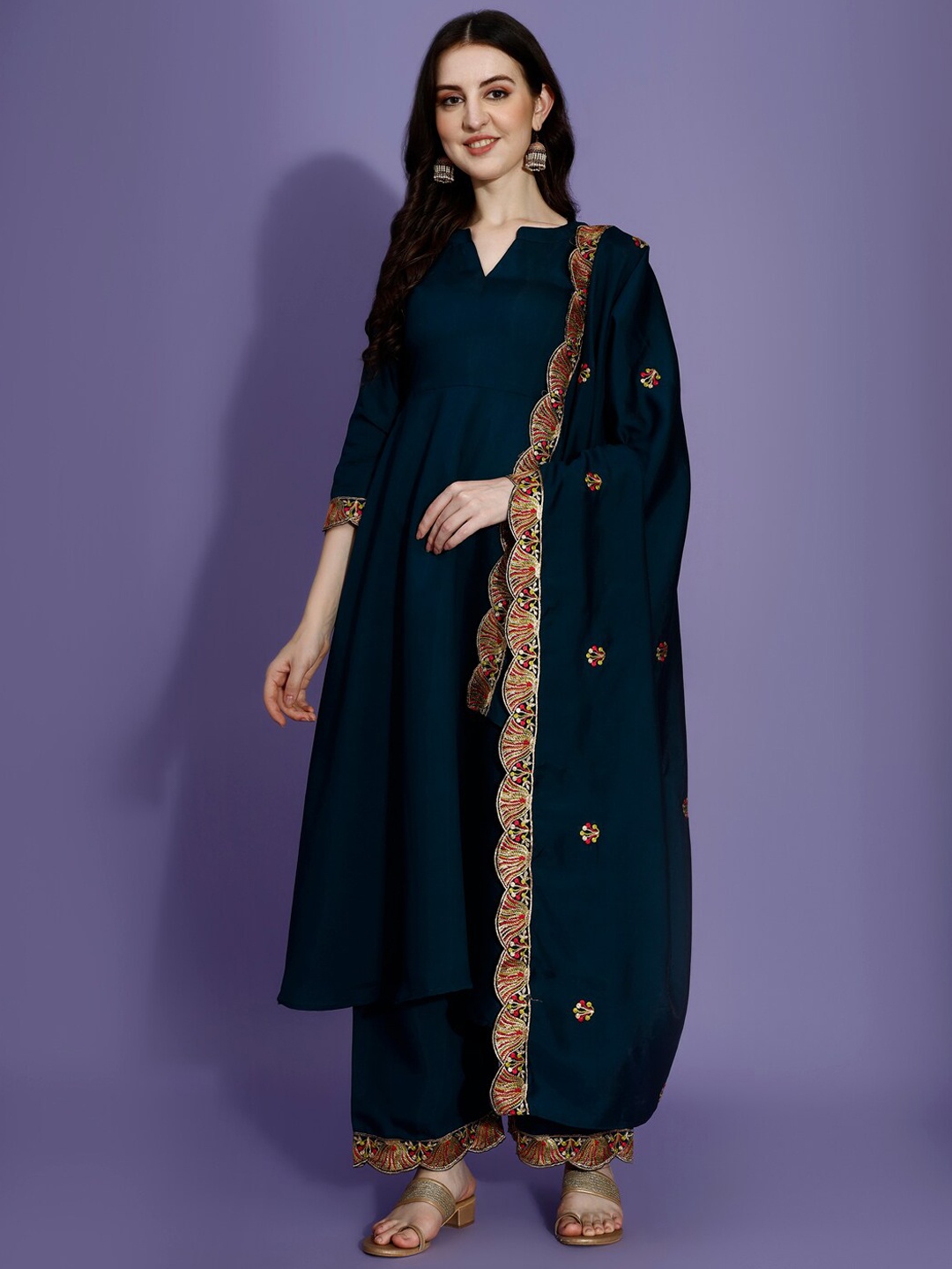 

KALINI Mandarin Collar Thread Work Anarkali Kurta With Palazzos & Dupatta, Blue