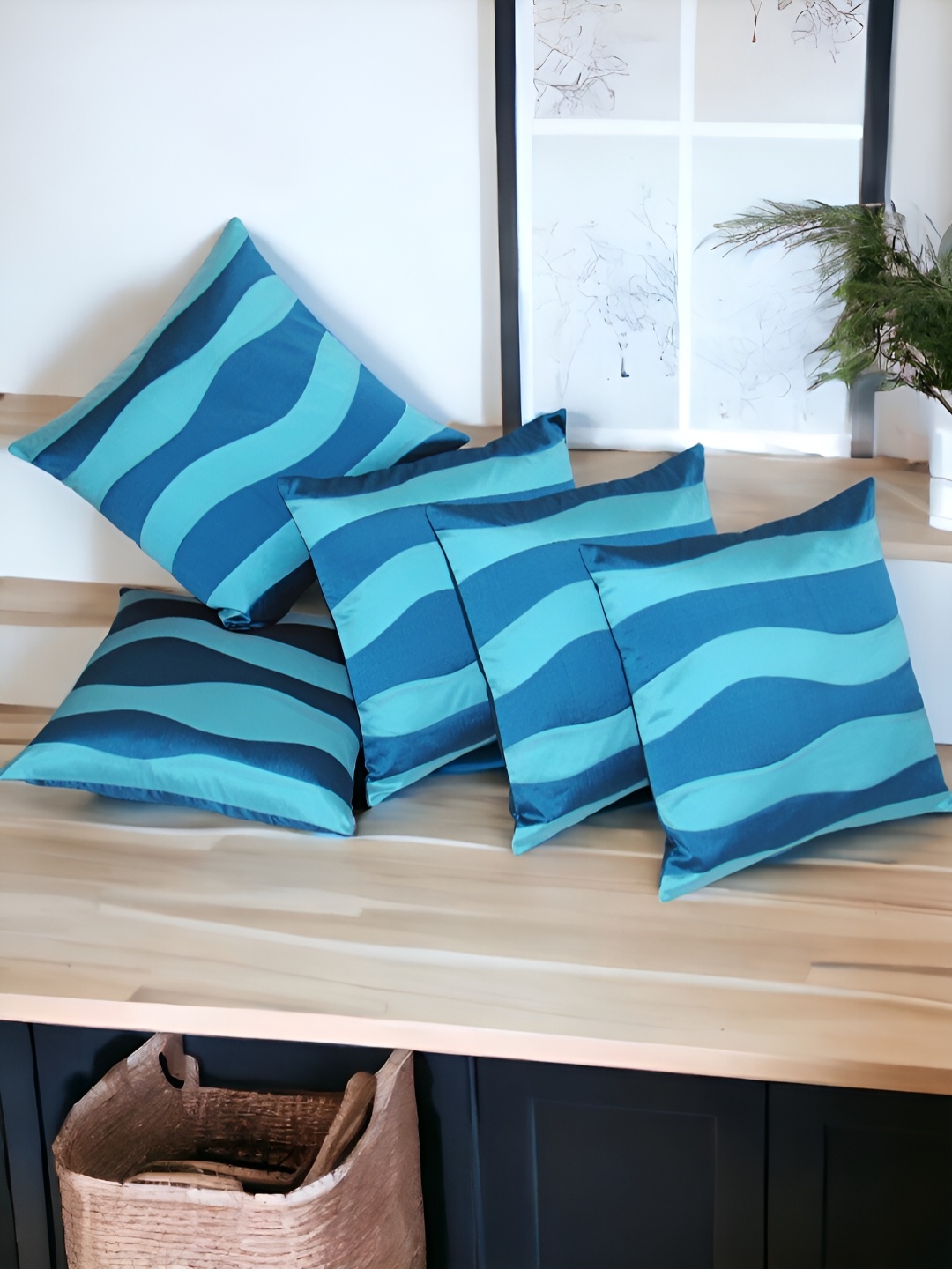 

Zikrak Exim Turquoise Blue 5 Pieces Abstract Printed Satin Square Cushion Covers