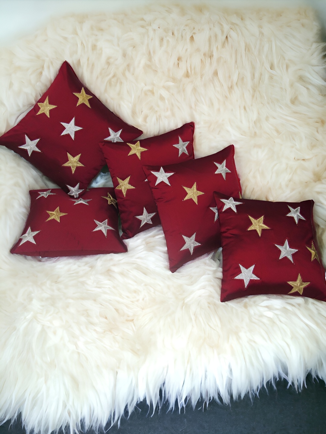 

Zikrak Exim Maroon & Grey 5 Pieces Embroidered Satin Square Cushion Covers
