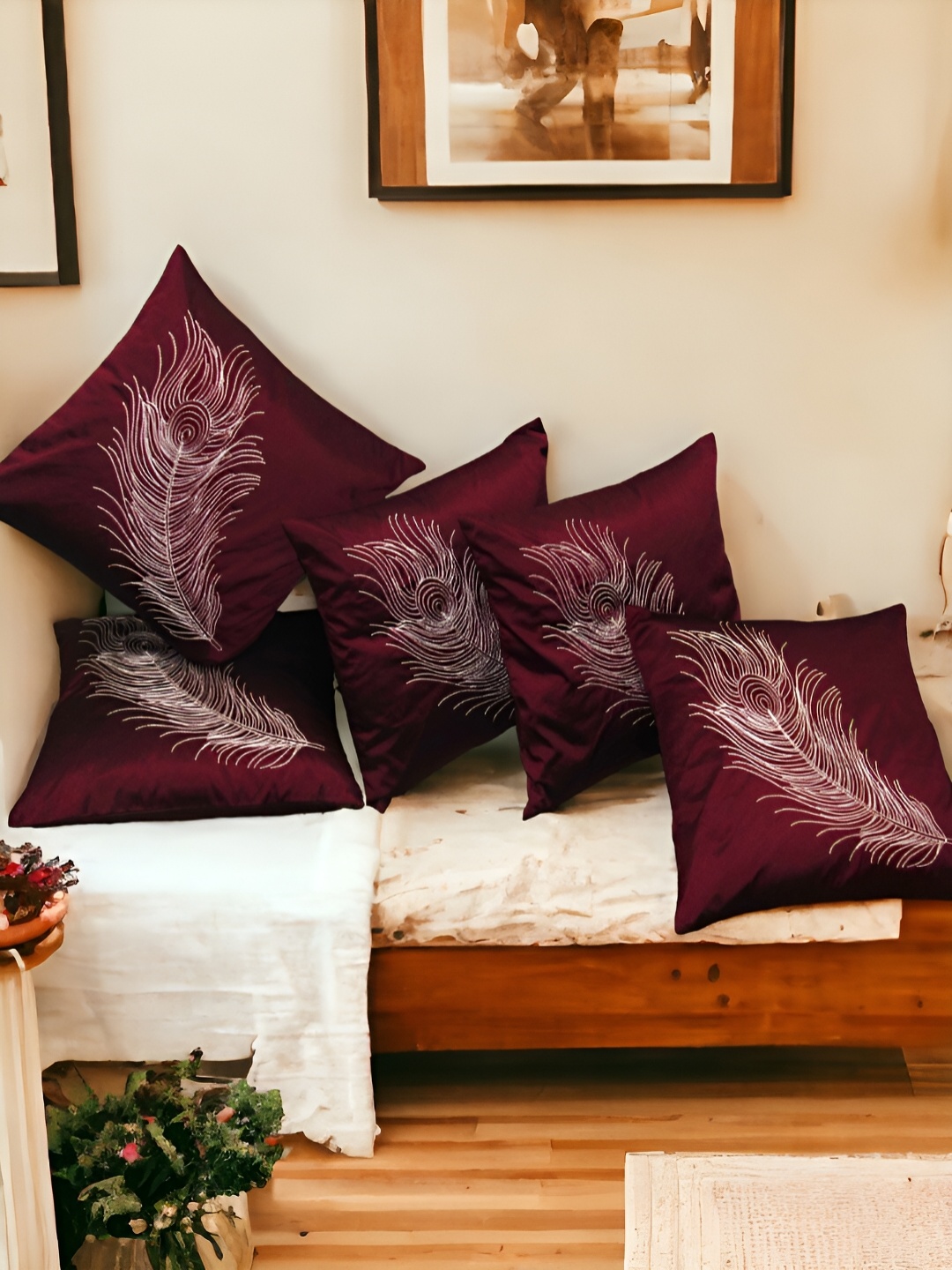 

Zikrak Exim Maroon & White 5 Pieces Embroidered Satin Square Cushion Covers