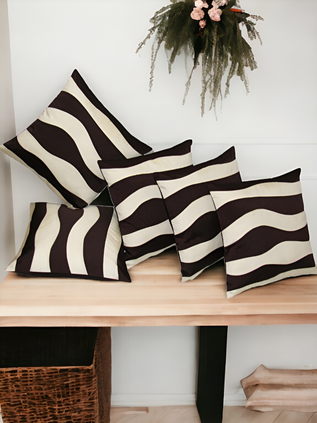 

Zikrak Exim Beige & Brown 5 Pieces Abstract Printed Satin Square Cushion Covers