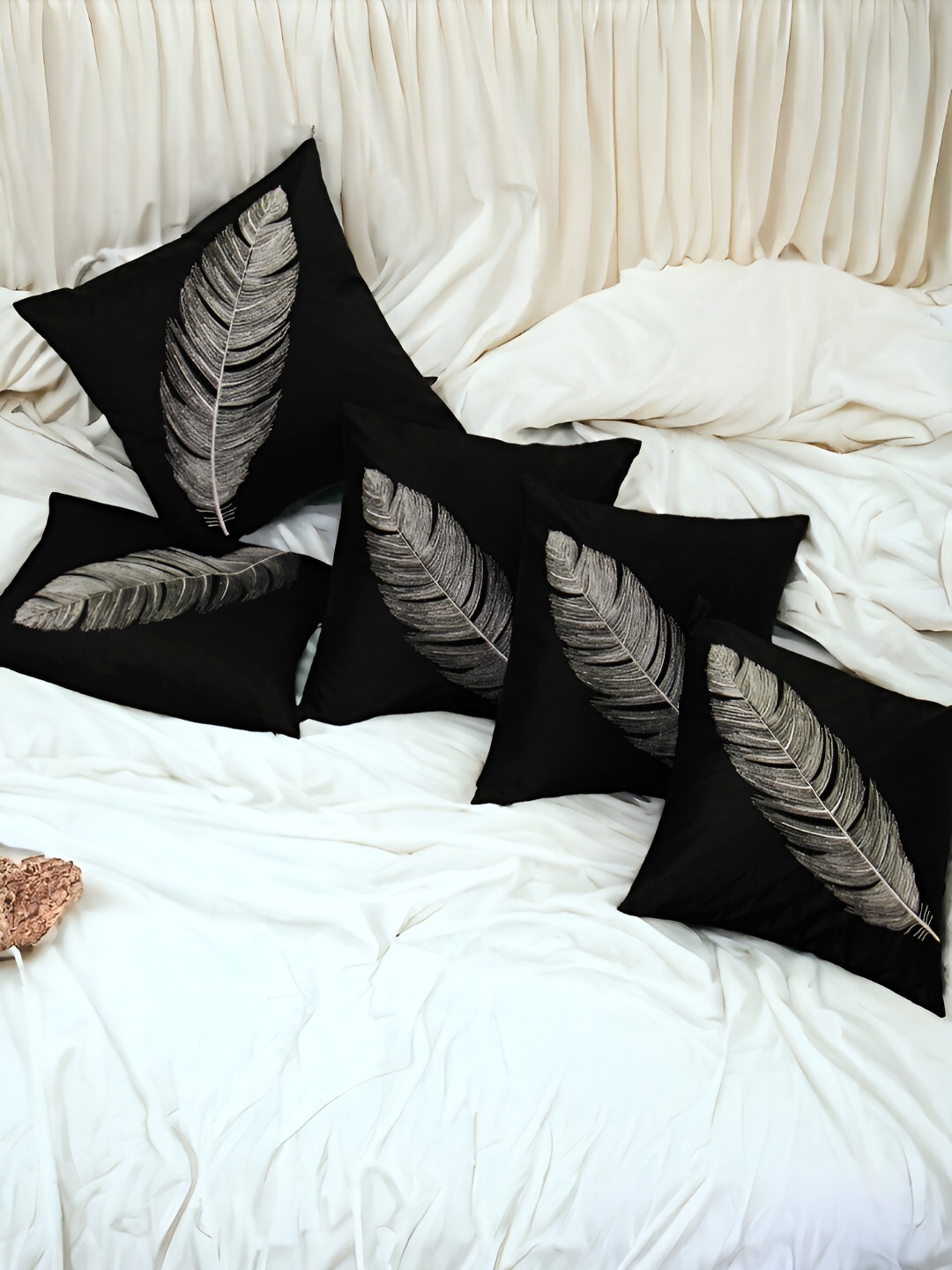 

Zikrak Exim Black & White 5 Pieces Embroidered Satin Square Cushion Covers