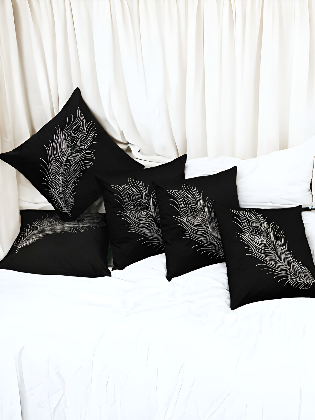 

Zikrak Exim Black & White 5 Pieces Embroidered Satin Square Cushion Covers