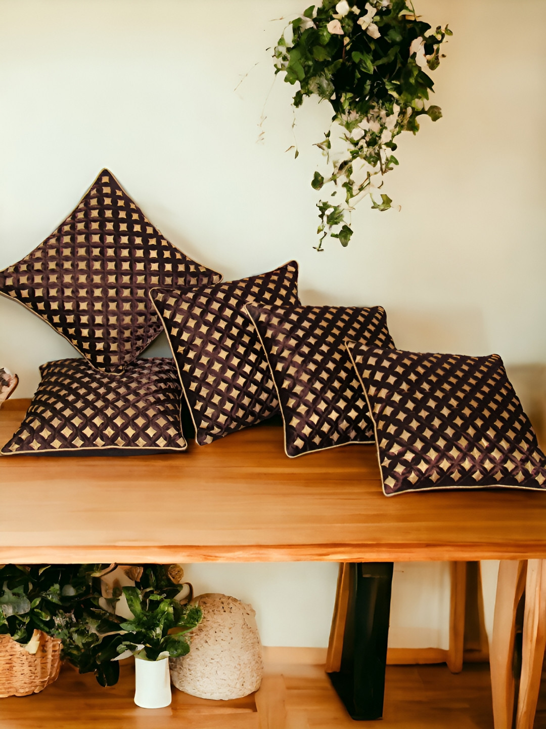 

Zikrak Exim Brown & beige 5 Pieces Self Design Satin Square Cushion Covers