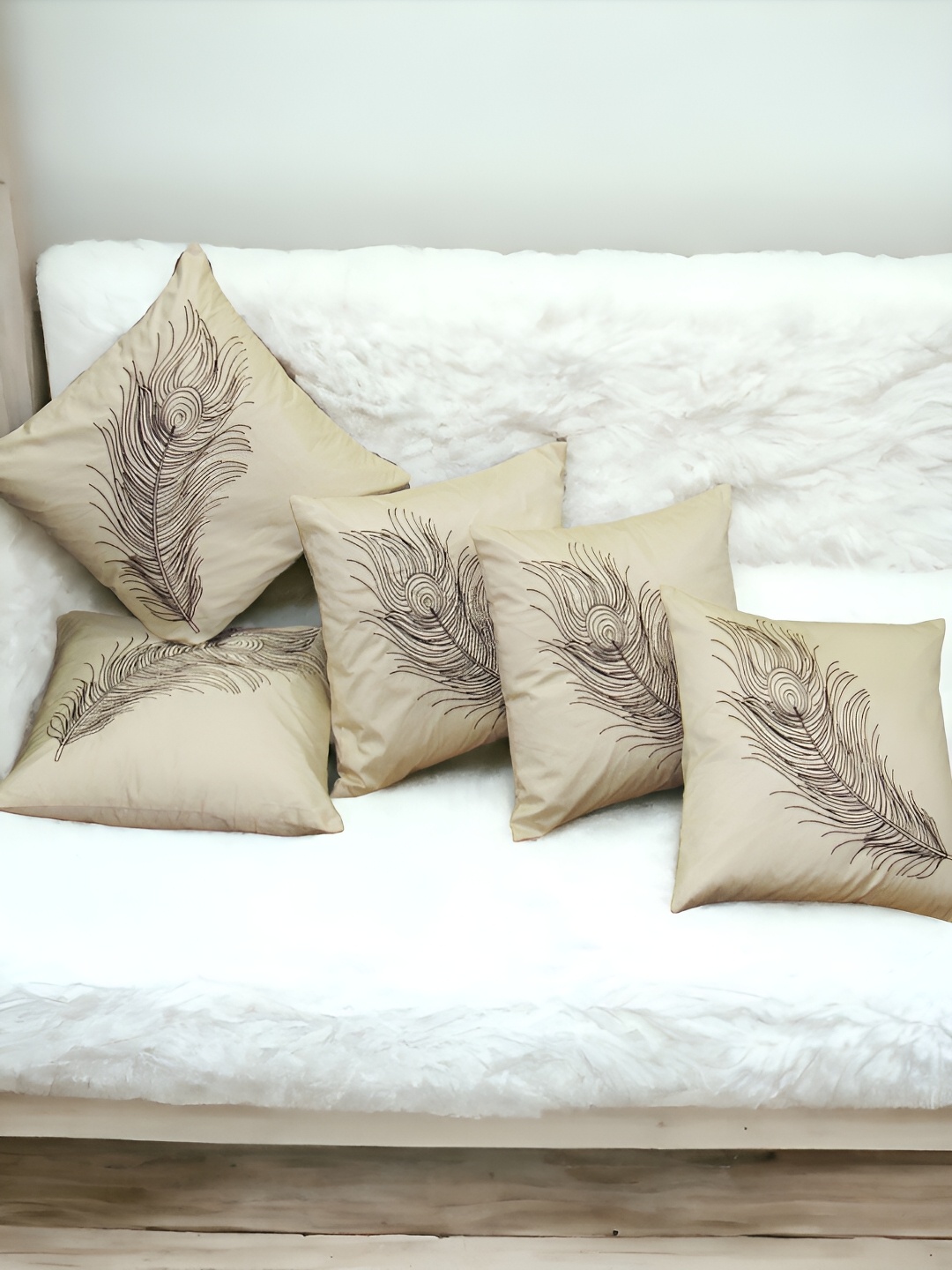 

Zikrak Exim Cream Coloured & Brown 5 Pieces Embroidered Satin Square Cushion Covers