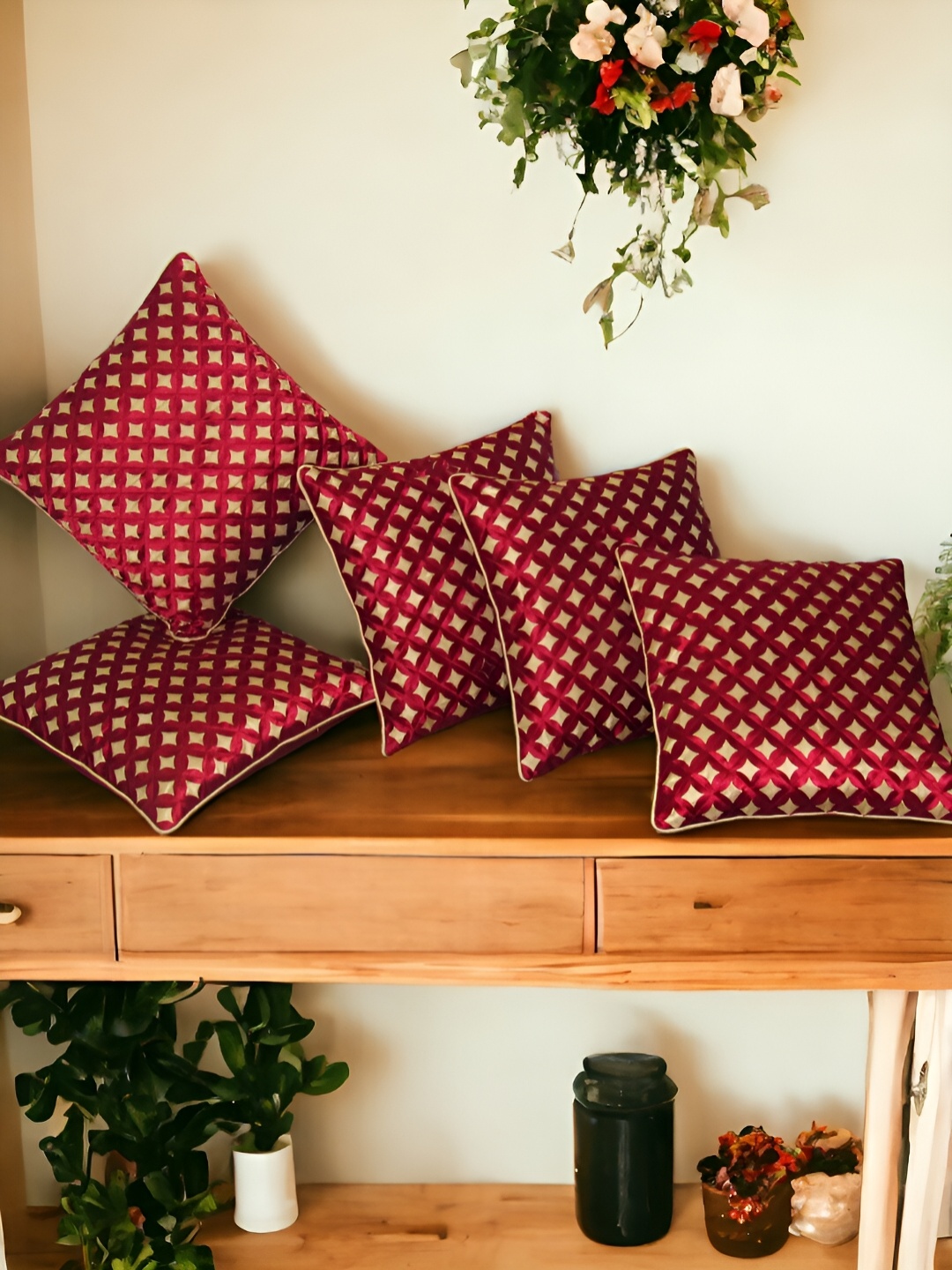 

Zikrak Exim Maroon & Beige 5 Pieces Self Design Satin Square Cushion Covers