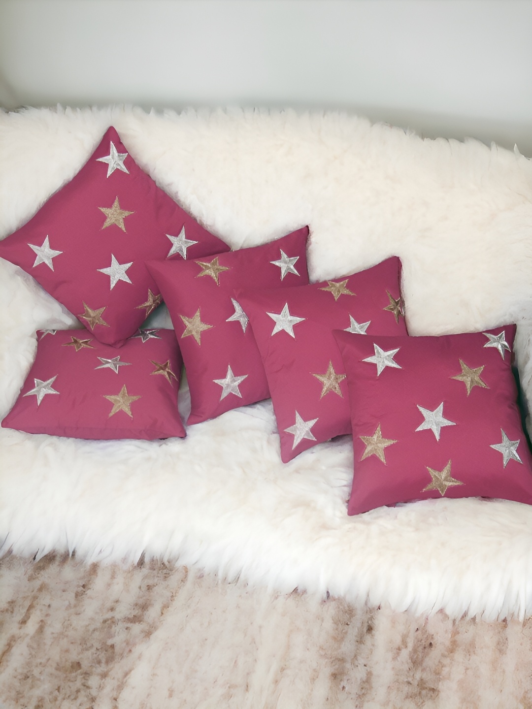 

Zikrak Exim Pink & Grey 5 Pieces Embroidered Satin Square Cushion Covers