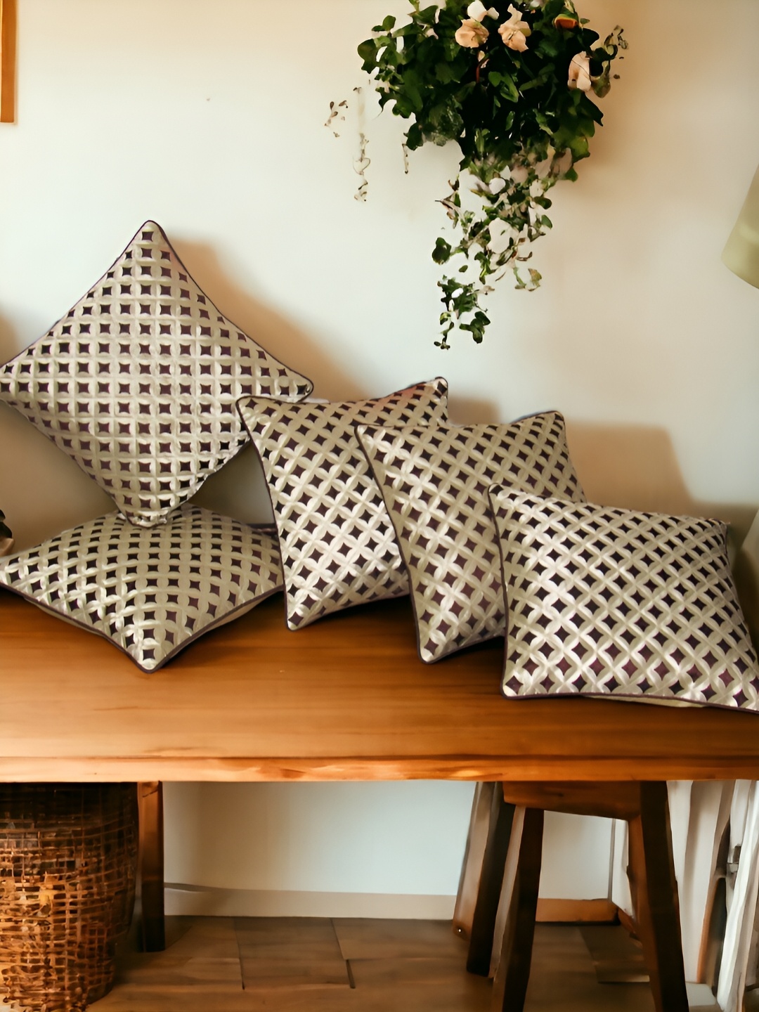

Zikrak Exim Beige & Brown 5 Pieces Self Design Satin Square Cushion Covers
