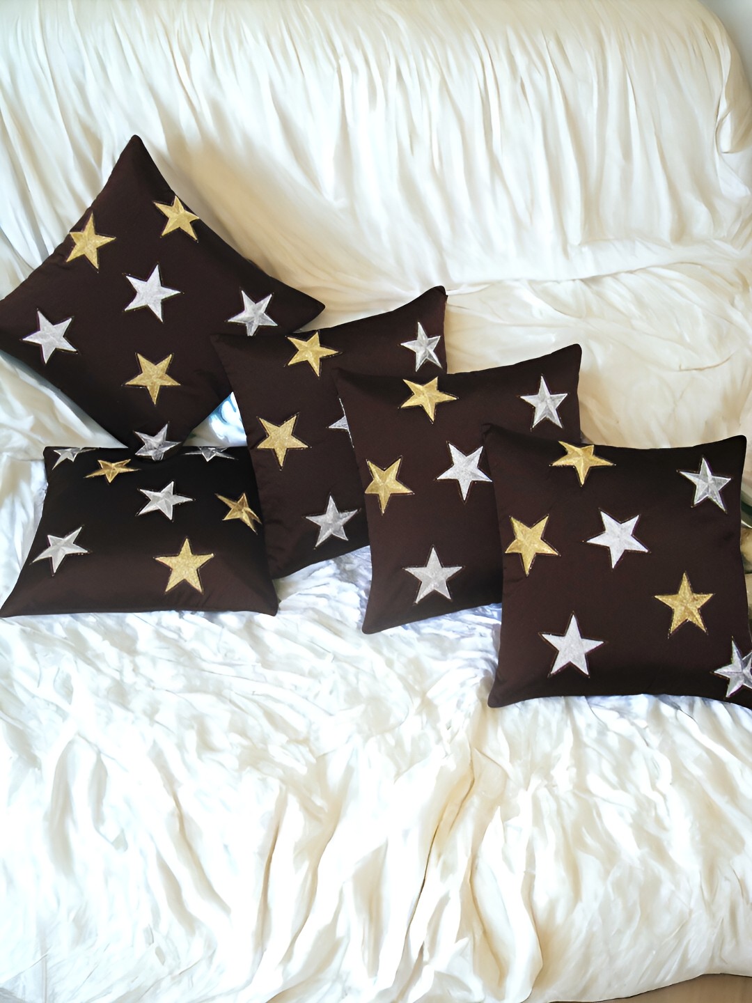 

Zikrak Exim Brown & Grey 5 Pieces Embroidered Satin Square Cushion Covers