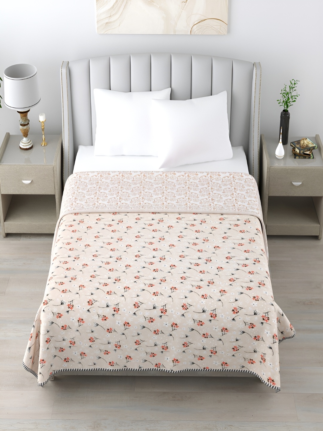 

CHICERY Peach & Black Floral Cotton AC Room 210 GSM Single Bed Dohar