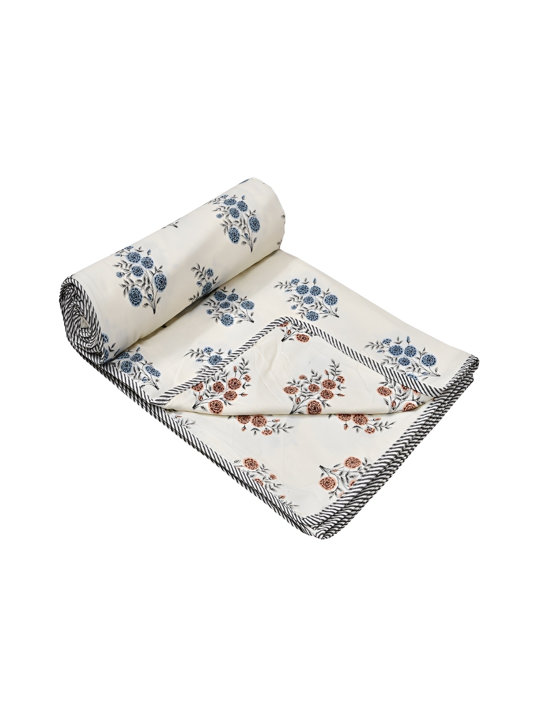 

CHICERY White & Blue Floral Cotton AC Room 210 GSM Double Bed Dohar