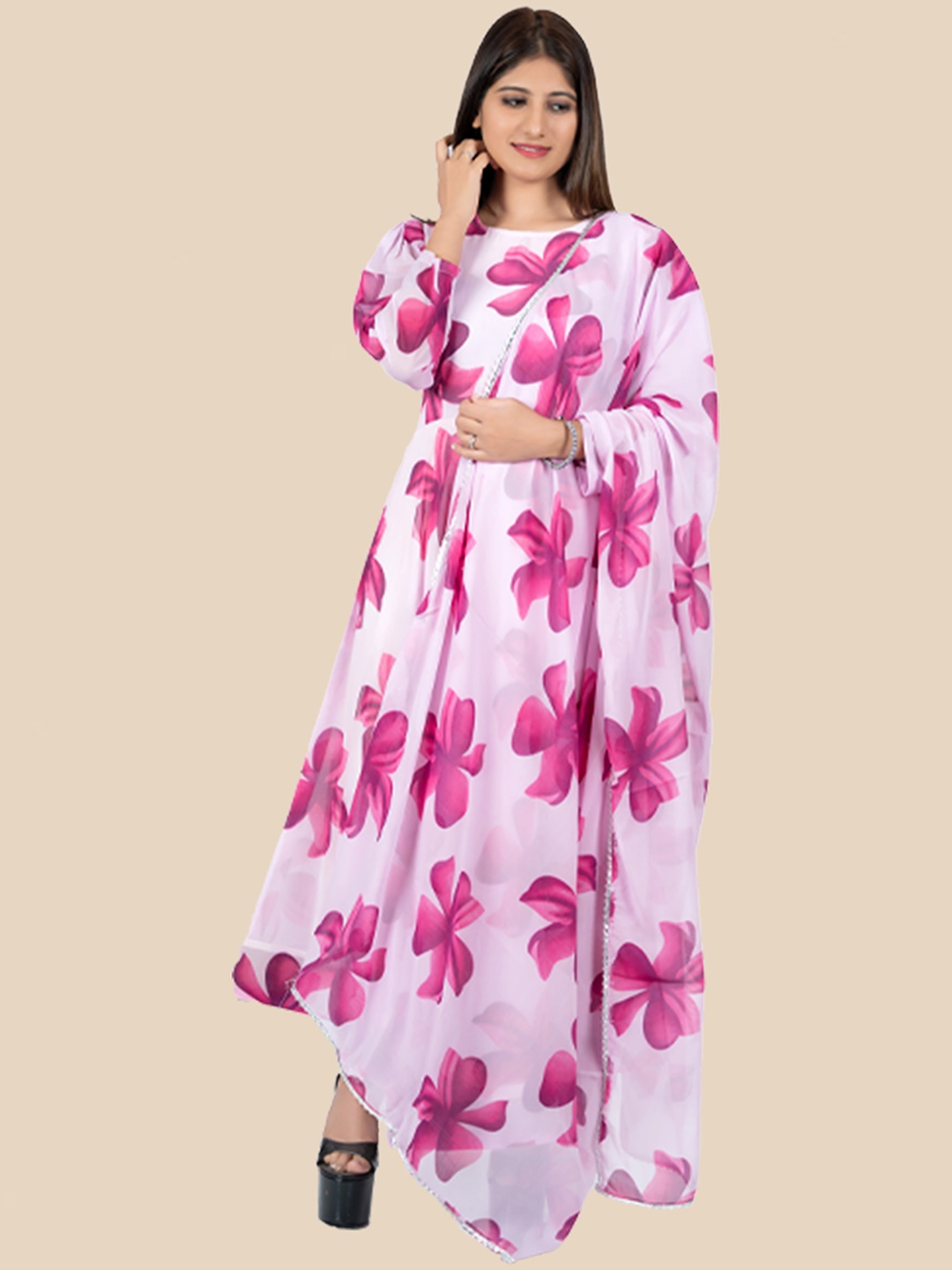 

N N ENTERPRISE Floral Printed Anarkali Pleated Kurta With Dupatta, Pink
