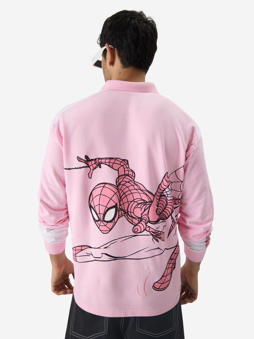 

The Souled Store Pink & White Spider-Man Printed Polo Collar Pure Cotton Oversized T-shirt