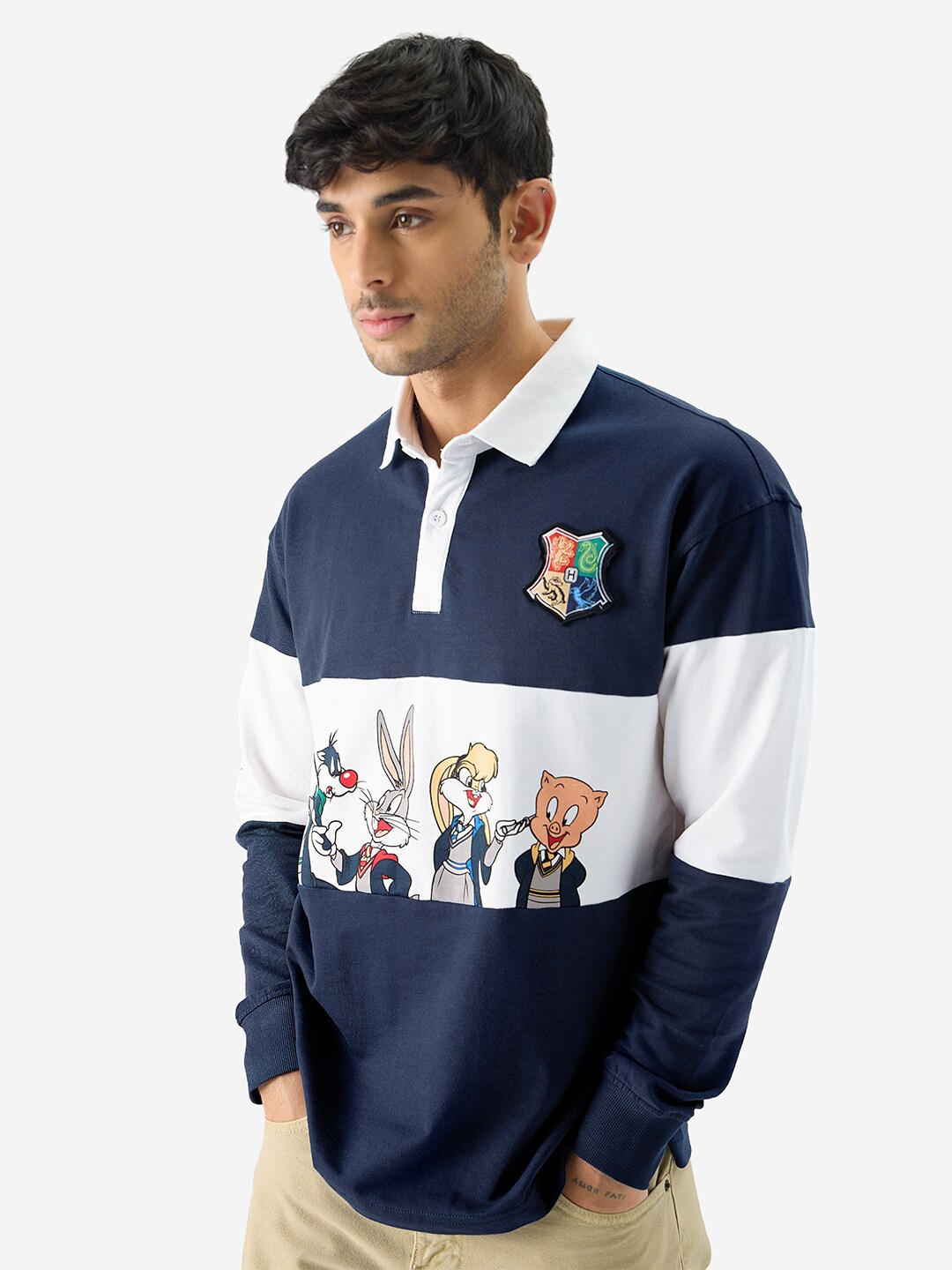 

The Souled Store Looney Tunes Graphic Printed Polo Collar Oversized Pure Cotton T-shirt, Navy blue