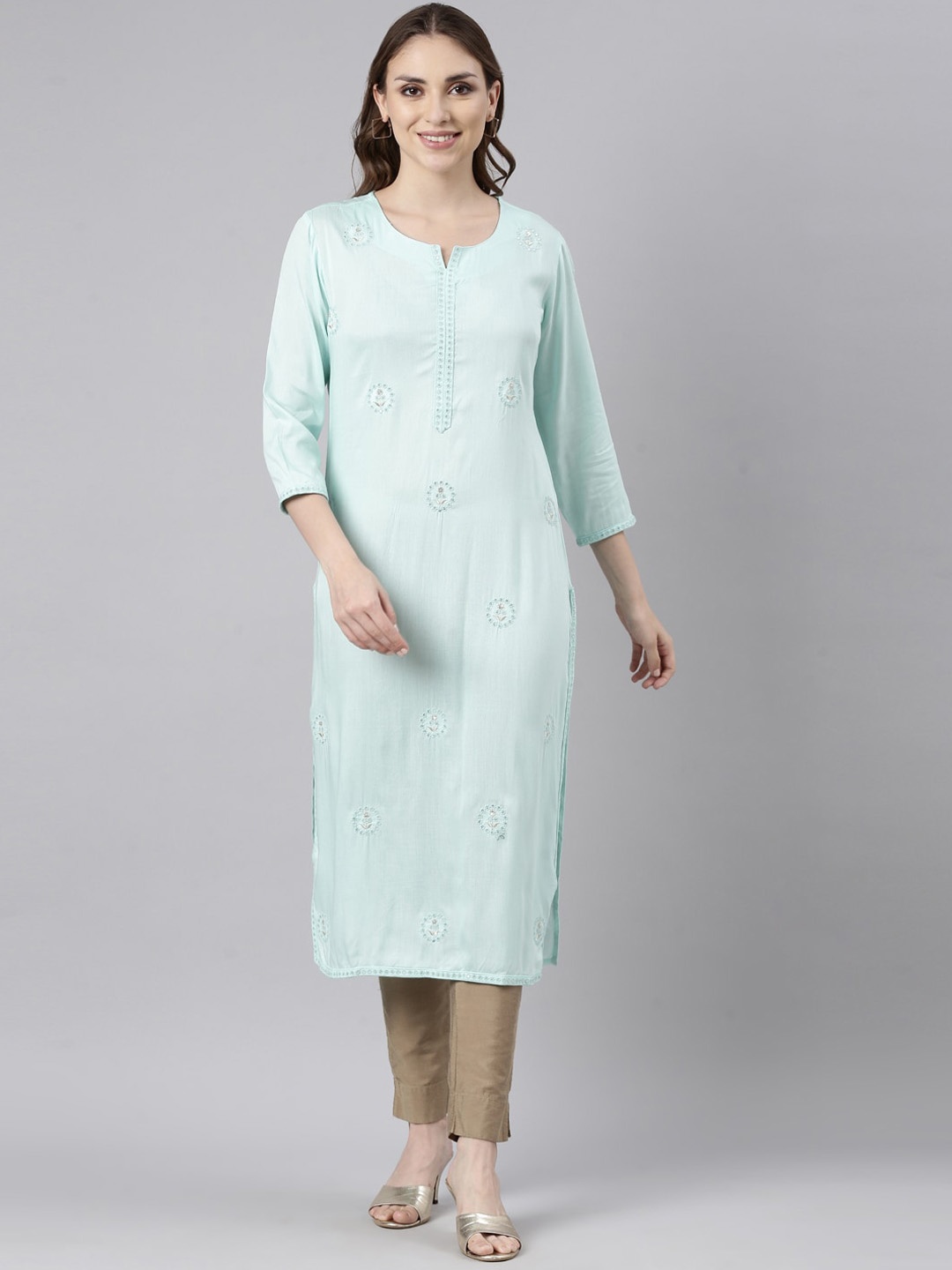 

Neerus Ethnic Motifs Embroidered Sequined Straight Kurta, Sea green