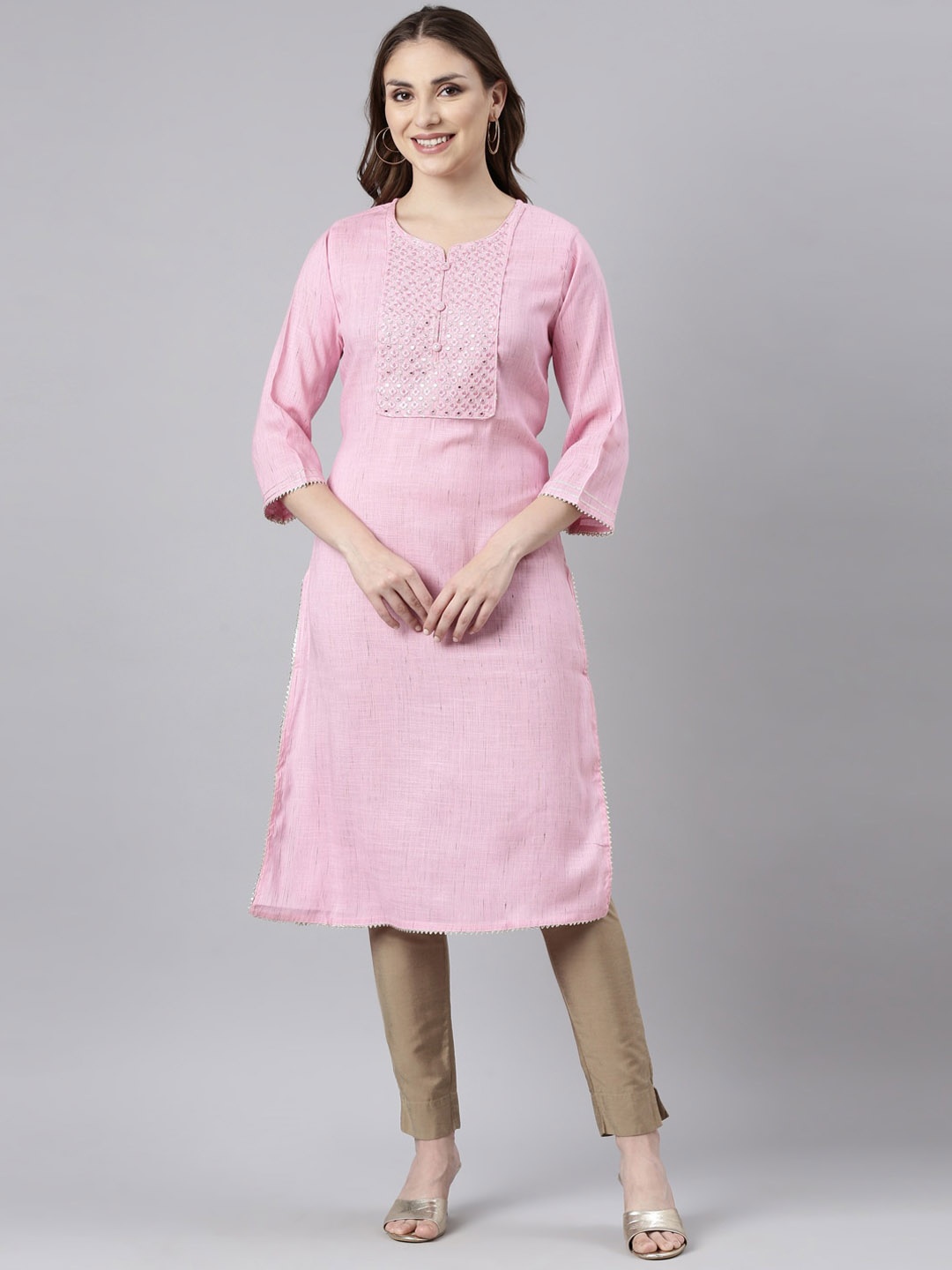 

Neerus Yoke Design Embroidered Three-Quarter SleevesCotton Mirror Work Kurta, Pink