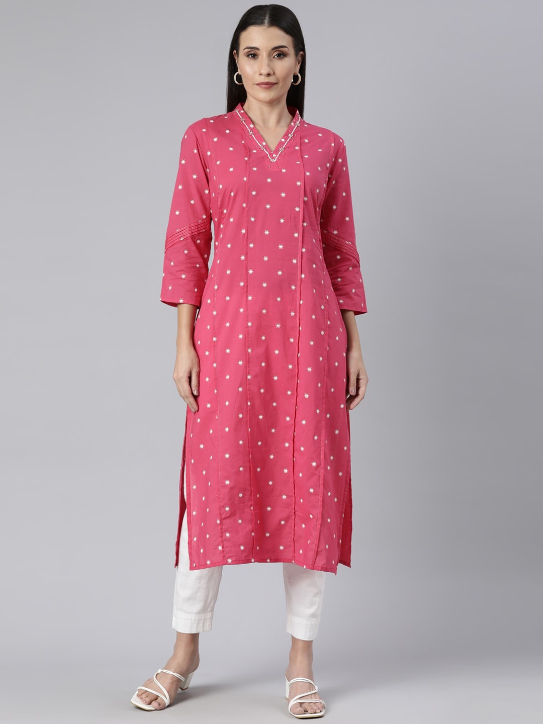 

Neerus Ethnic Motifs Printed Thread Work Cotton Straight Kurta, Pink