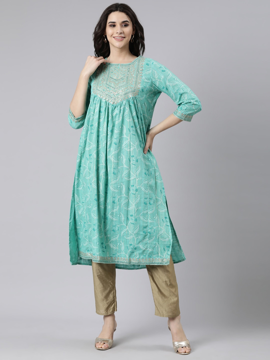 

Neerus Floral Printed Thread Work Pure Cotton Plated Straight Kurta, Sea green