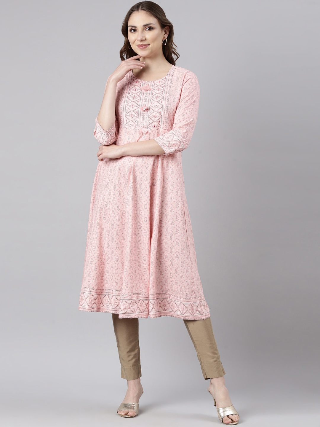 

Neerus Ethnic Motifs Printed Three-Quarter Sleeves A-Line Kurta, Peach