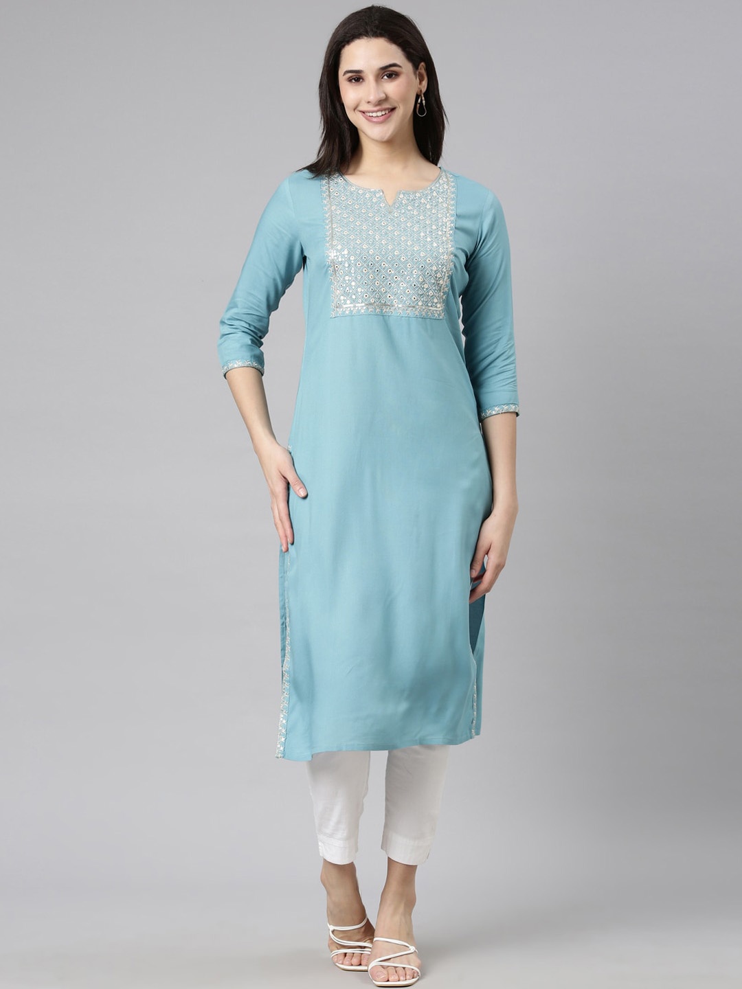 

Neerus Yoke Design Sequinned Straight Kurta, Blue