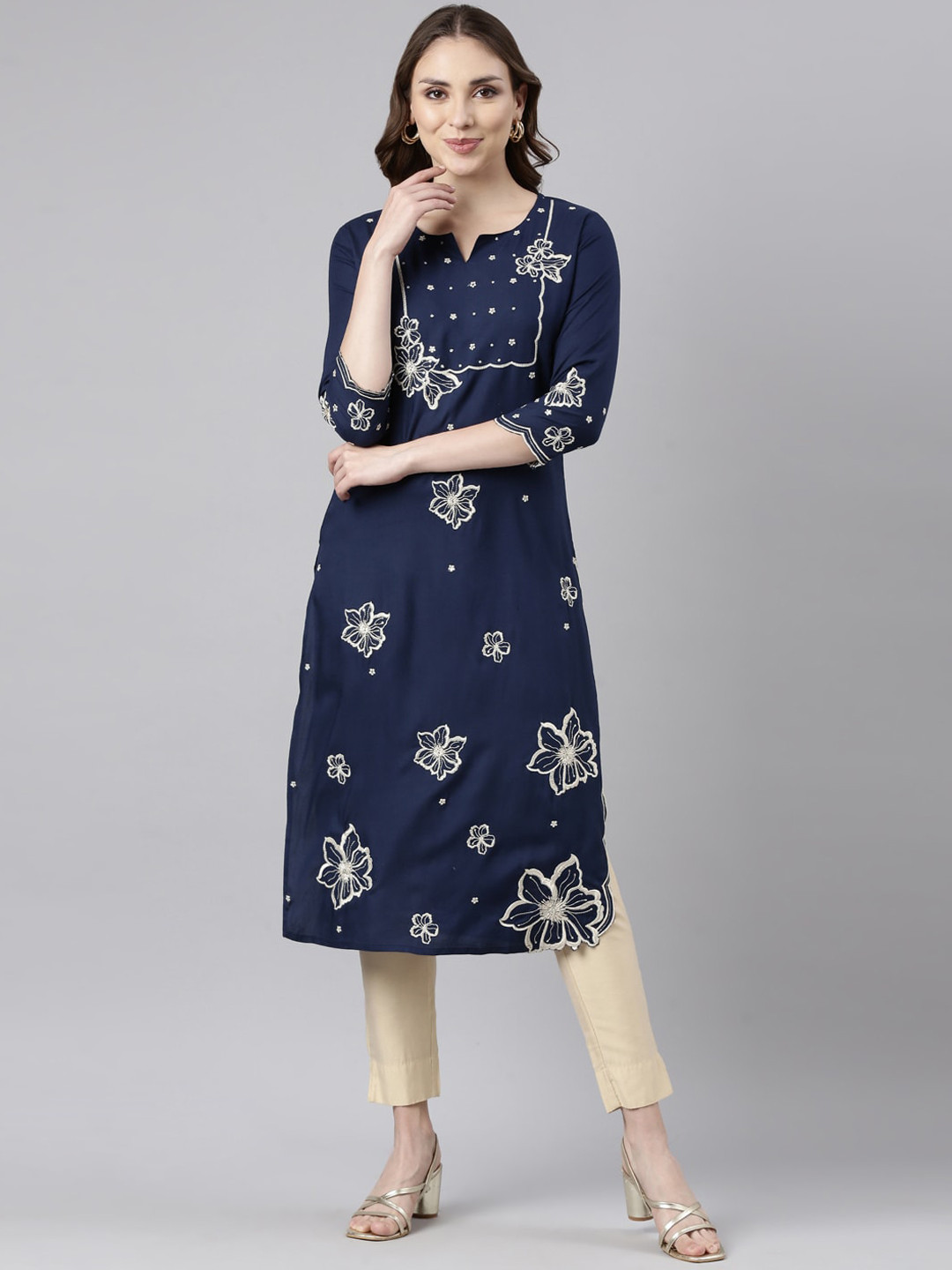 

Neerus Floral Printed Sequinned Straight Kurta, Blue