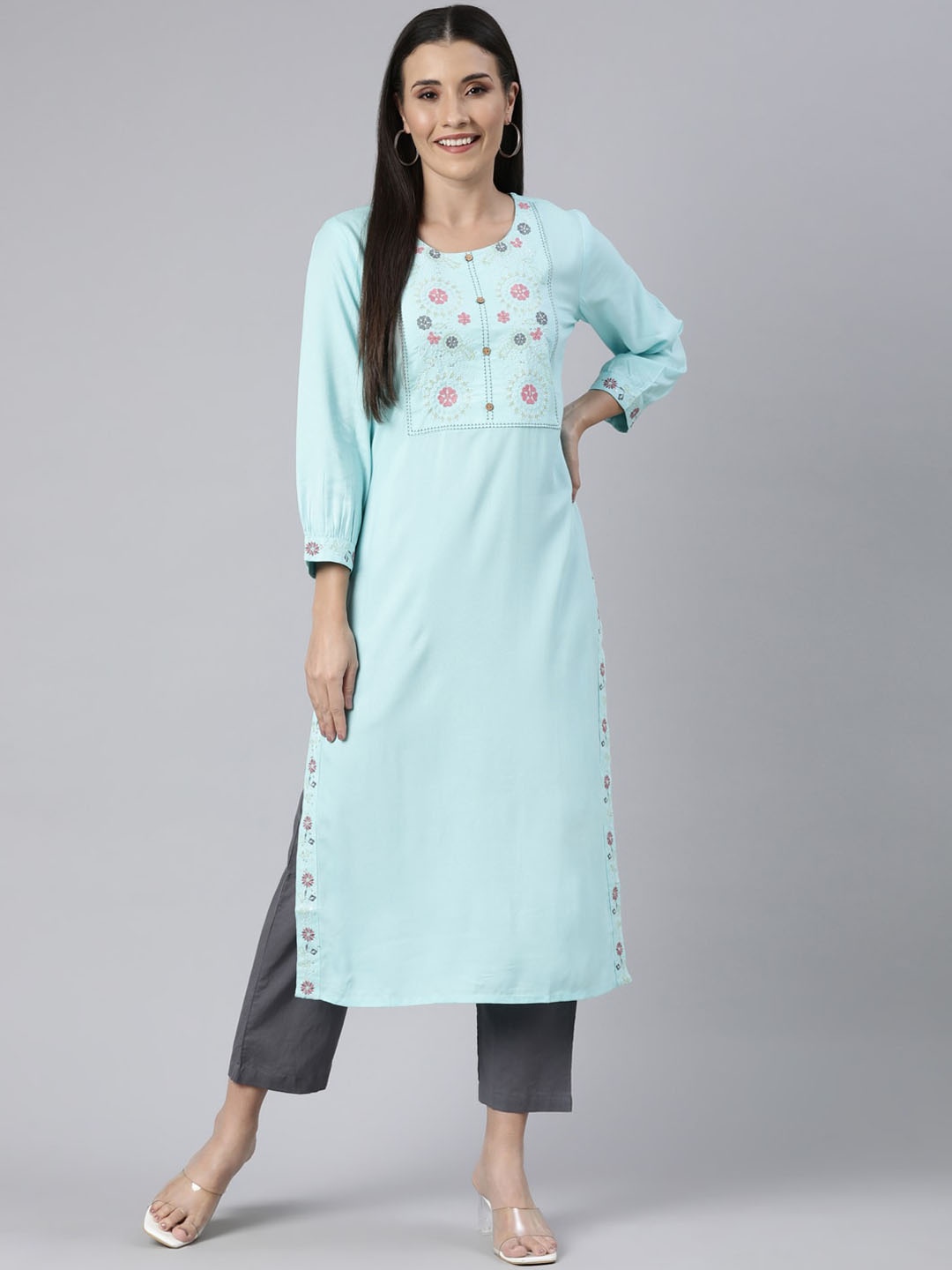 Neerus Yoke Design Sequinned Straight Kurta, Blue