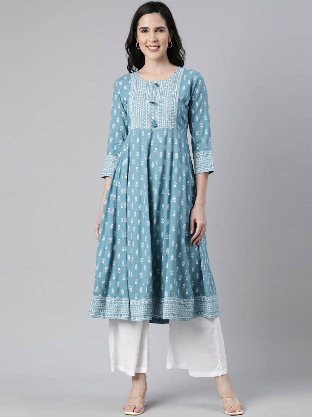

Neerus Ethnic Motifs Printed Sequinned Cotton Anarkali Kurta, Blue