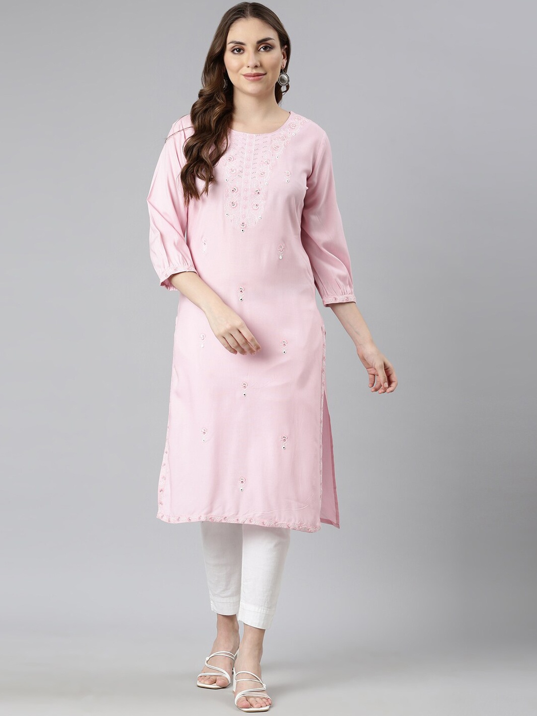 

Neerus Ethnic Motifs Embroidered Mirror Work Kurta, Pink