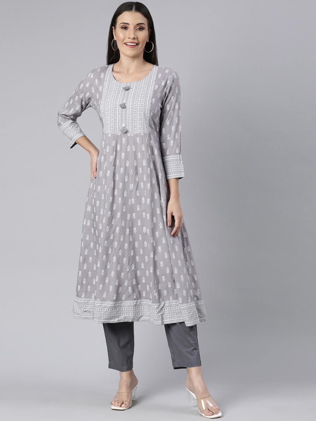 

Neerus Ethnic Motifs Printed Sequined Pure Cotton Pleated Anarkali Kurta, Grey