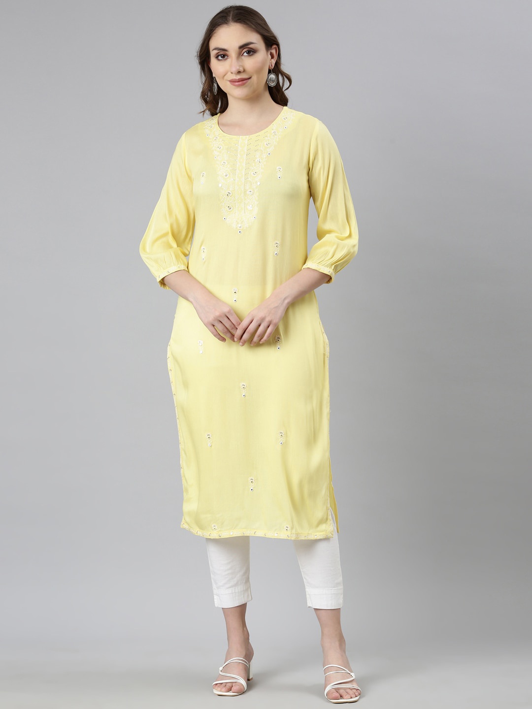 

Neerus Ethnic Motifs Embroidered Puff Sleeves Mirror Work Straight Kurta, Yellow