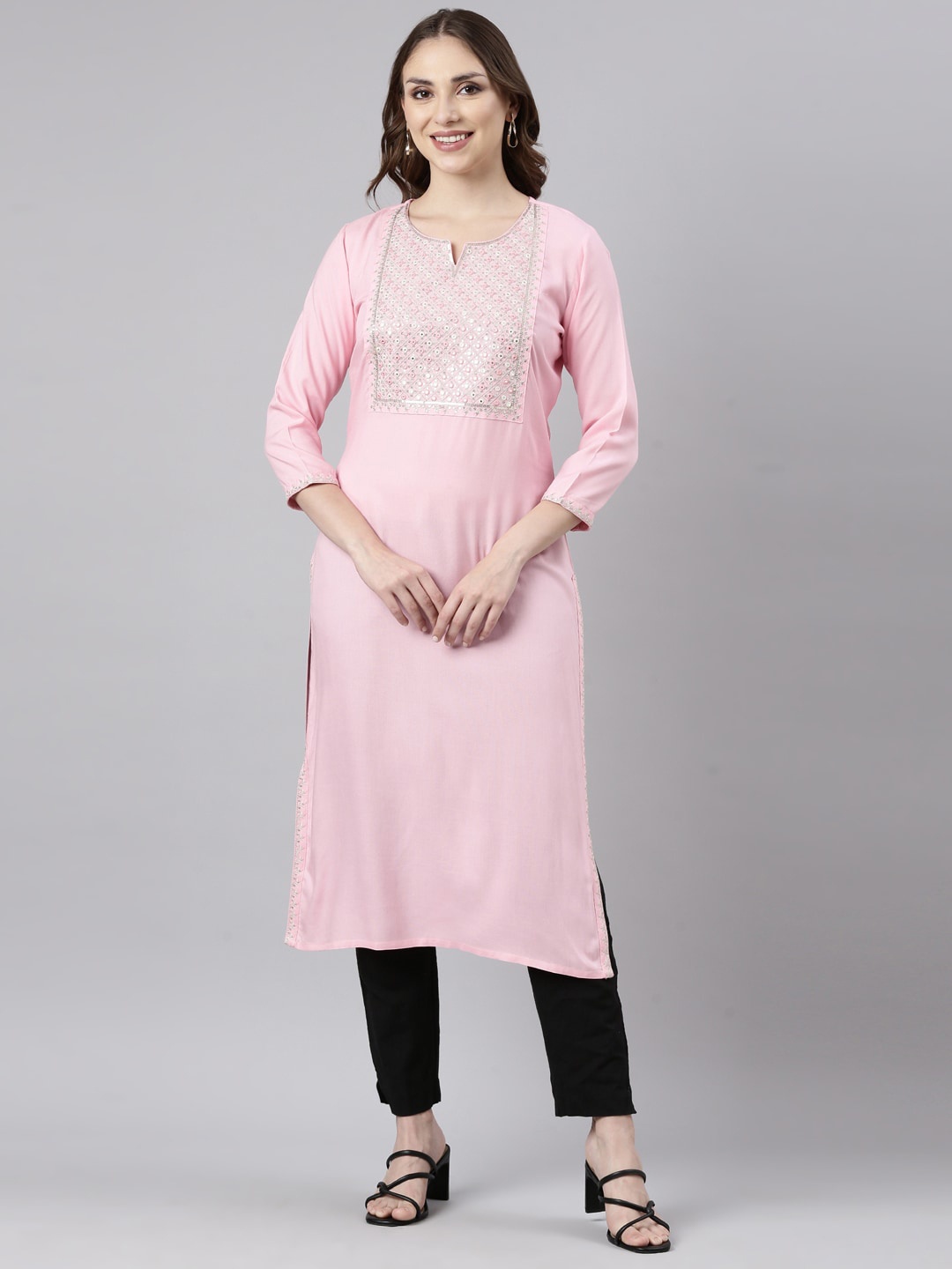 

Neerus Yoke Design Sequinned Straight Kurta, Pink