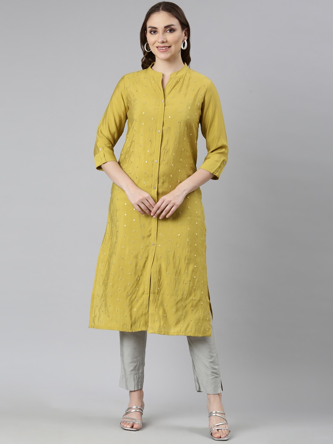 

Neerus Geometric Embroidered Band Collar Mirror Work Straight Kurta, Green
