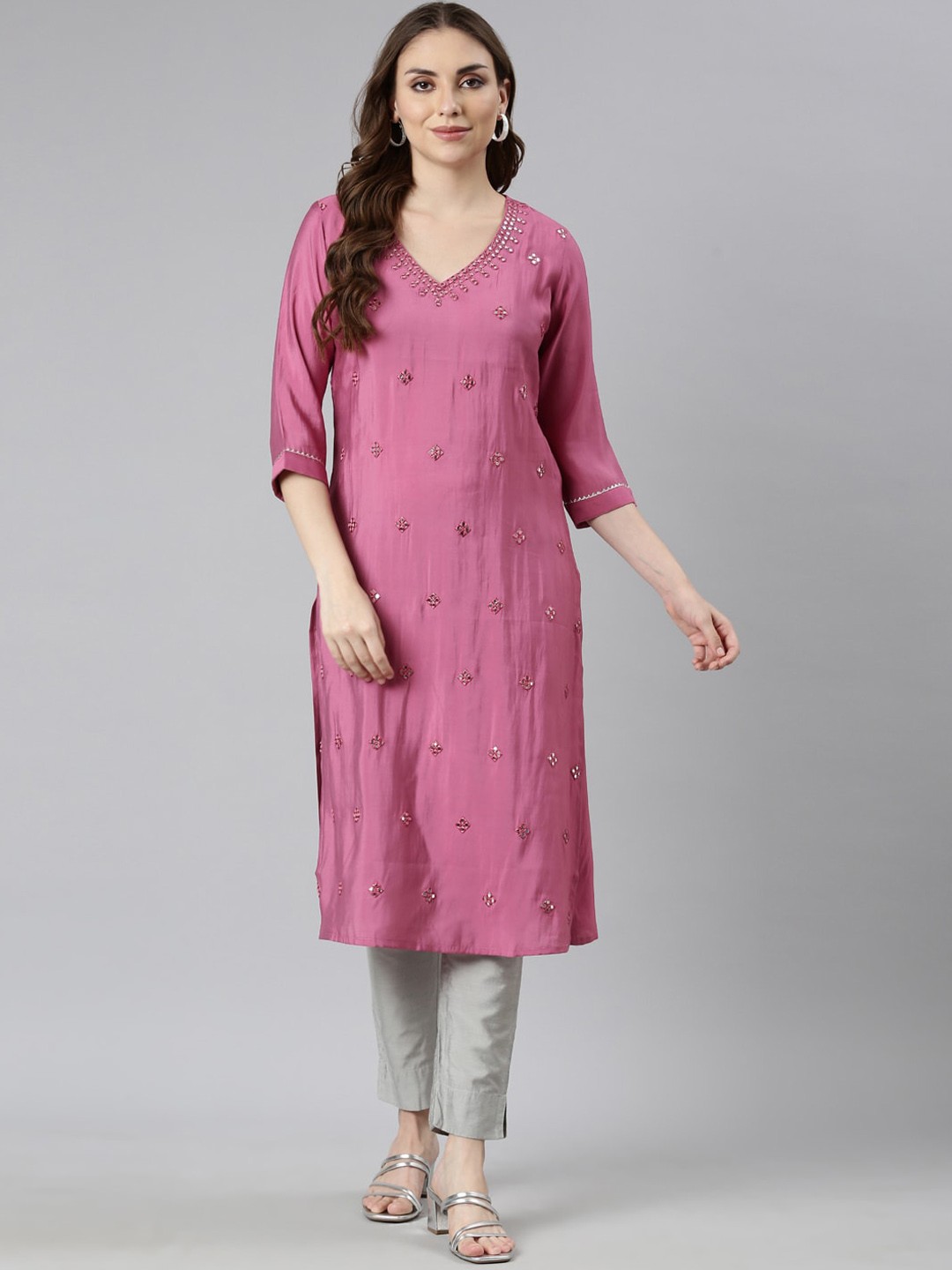 

Neerus Embroidered Mirror Work Straight Kurta, Pink