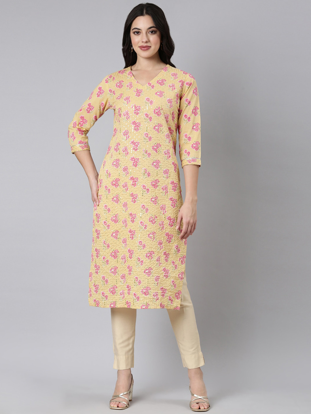 

Neerus Floral Printed Sequined Pure Cotton Straight Kurta, Yellow