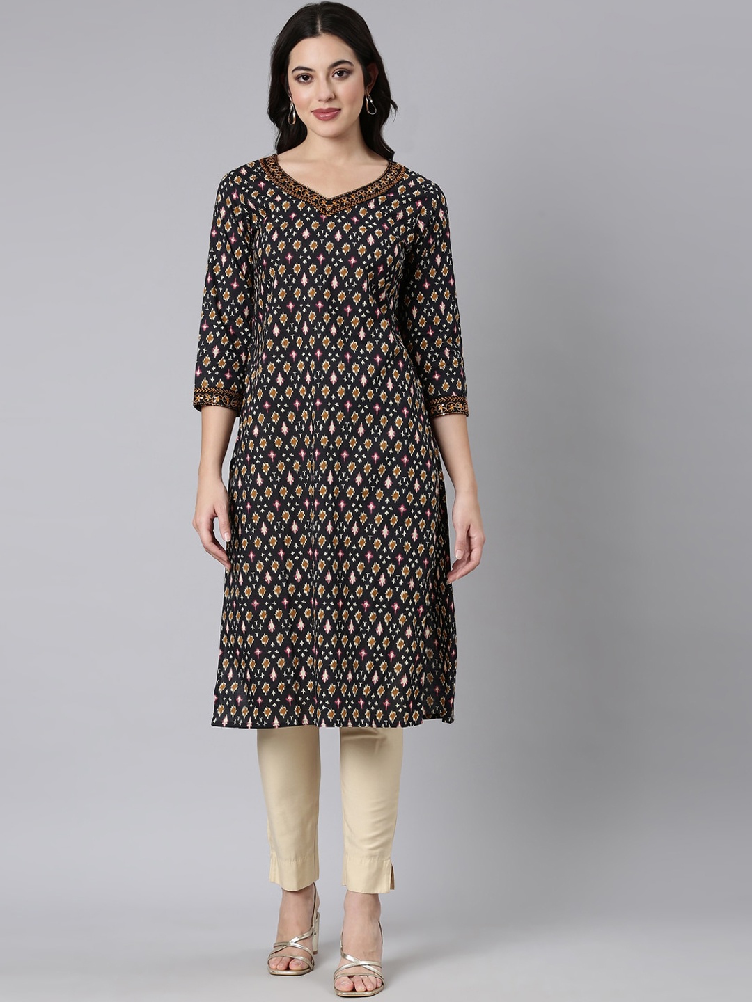 

Neerus Ethnic Motifs Printed Sequinned Cotton Straight Kurta, Black