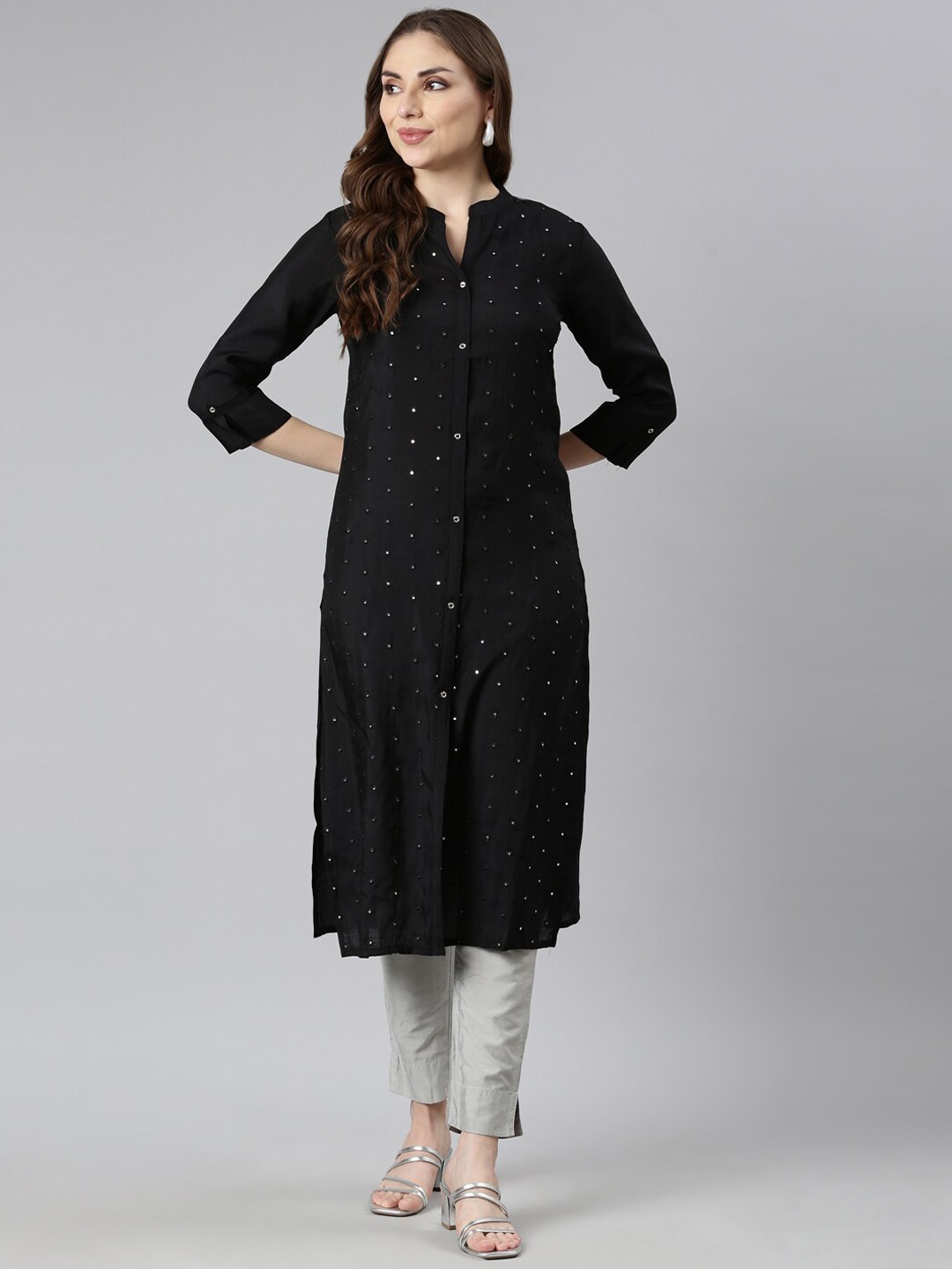 

Neerus Band Collar Sequins Straight Kurta, Black