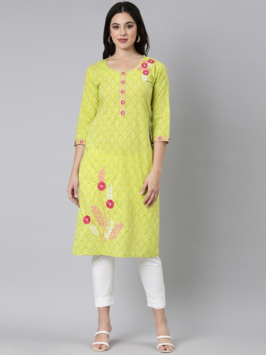 

Neerus Ethnic Motifs Printed Thread Work Pure Cotton Straight Kurta, Green