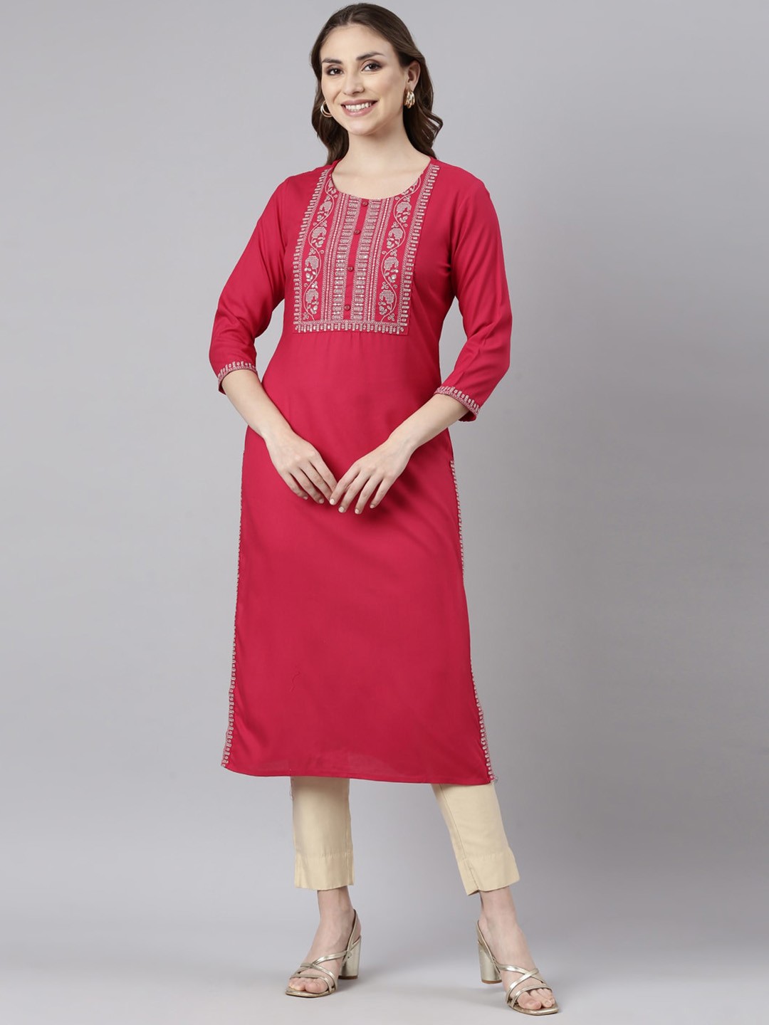 

Neerus Yoke Design Sequinned Straight Kurta, Pink