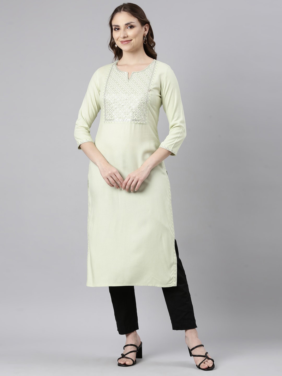 

Neerus Yoke Design Sequinned Straight Kurta, Lime green