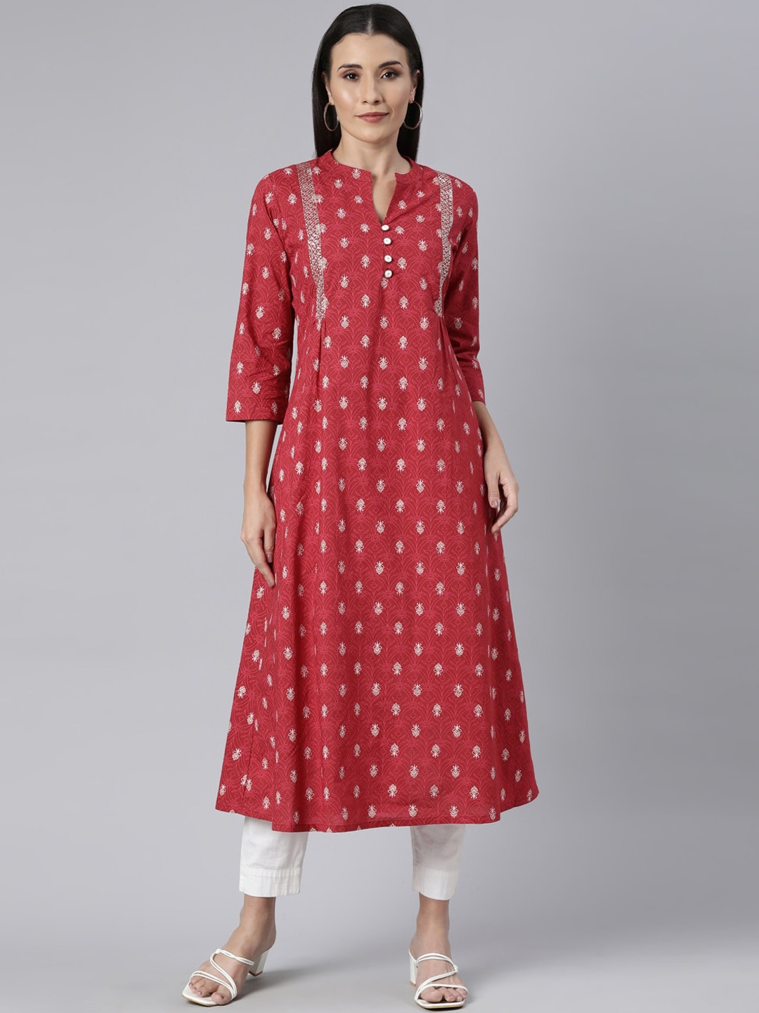 

Neerus Ethnic Motifs Printed Mandarin Collar Cotton A-Line Kurta, Pink