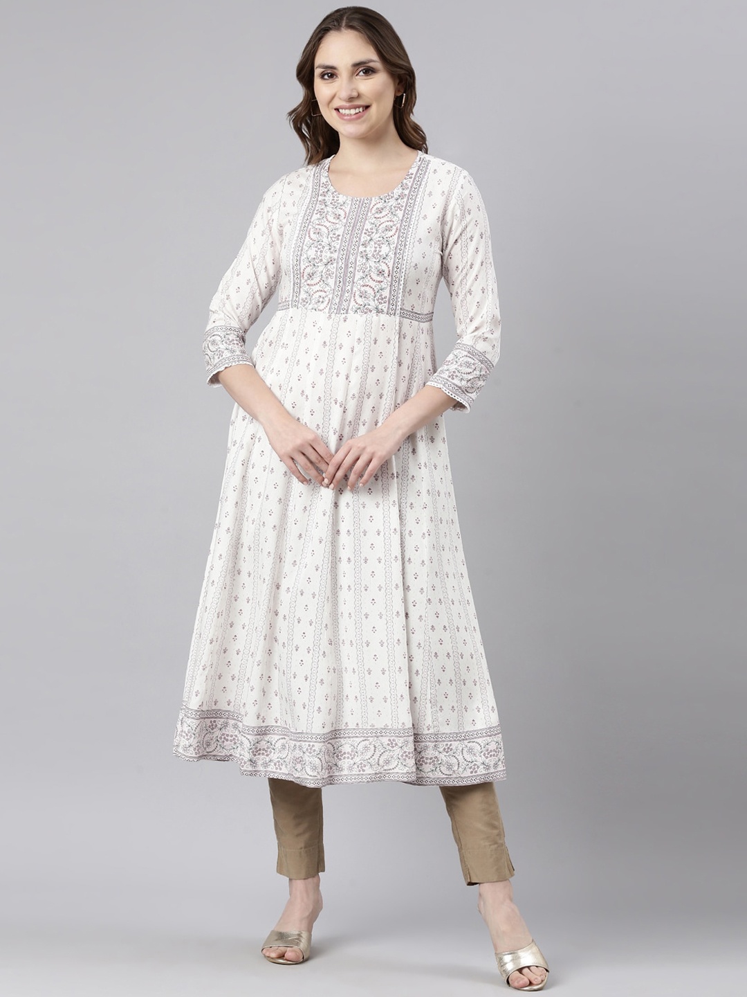 

Neerus Ethnic Motifs Printed Lace Anarkali Kurta, White
