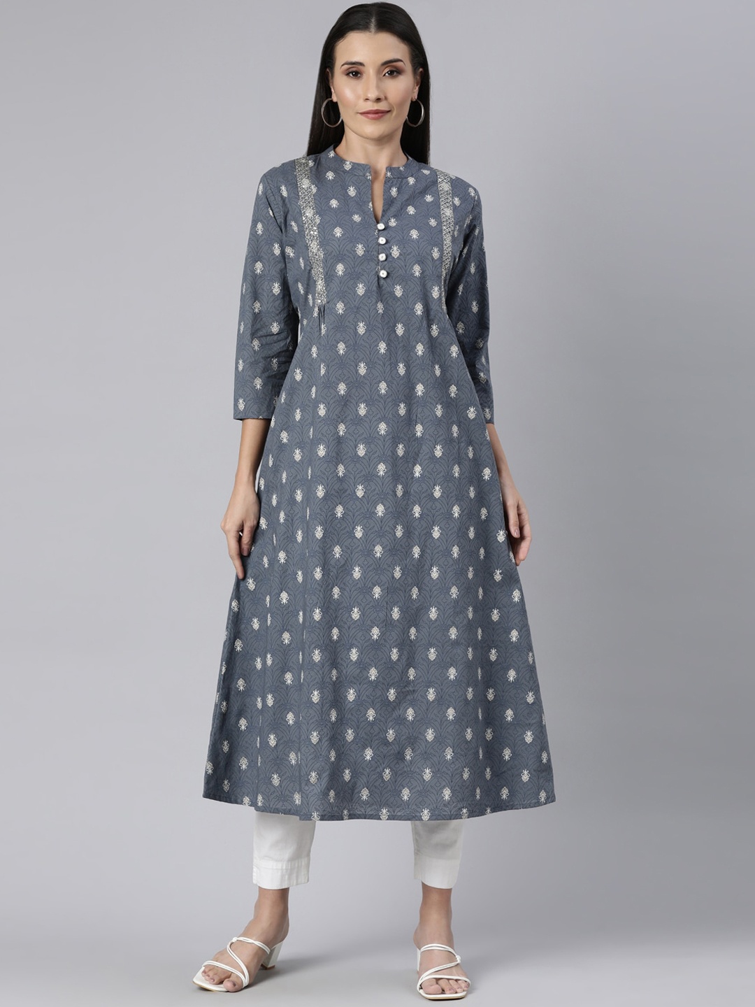 

Neerus Geometric Printed Mandarin Collar Thread Work Cotton A-Line Kurta, Grey