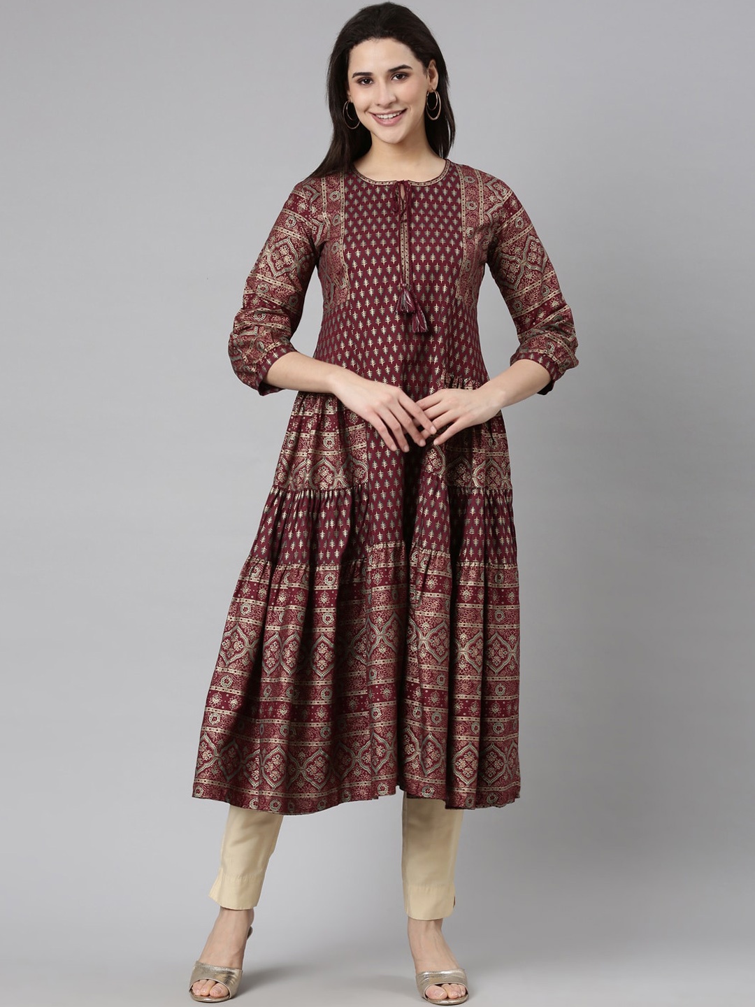 

Neerus Ethnic Motifs Printed Pure Cotton Anarkali Kurta, Maroon