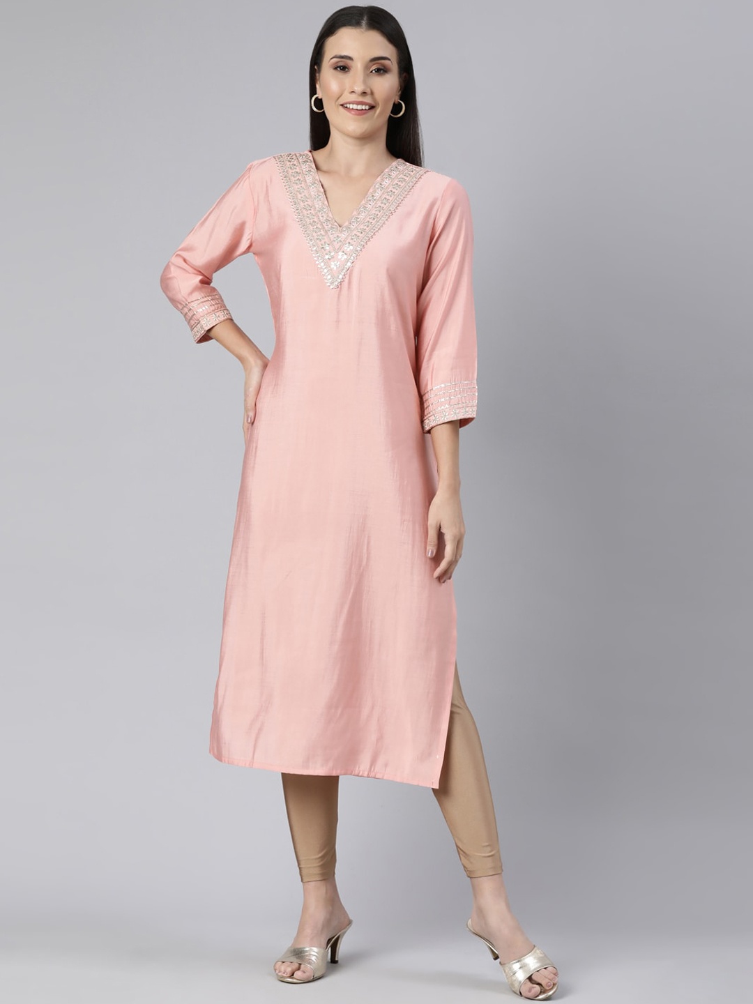 

Neerus Yoke Design Embroidered Thread Work Raw Silk Straight Kurta, Peach
