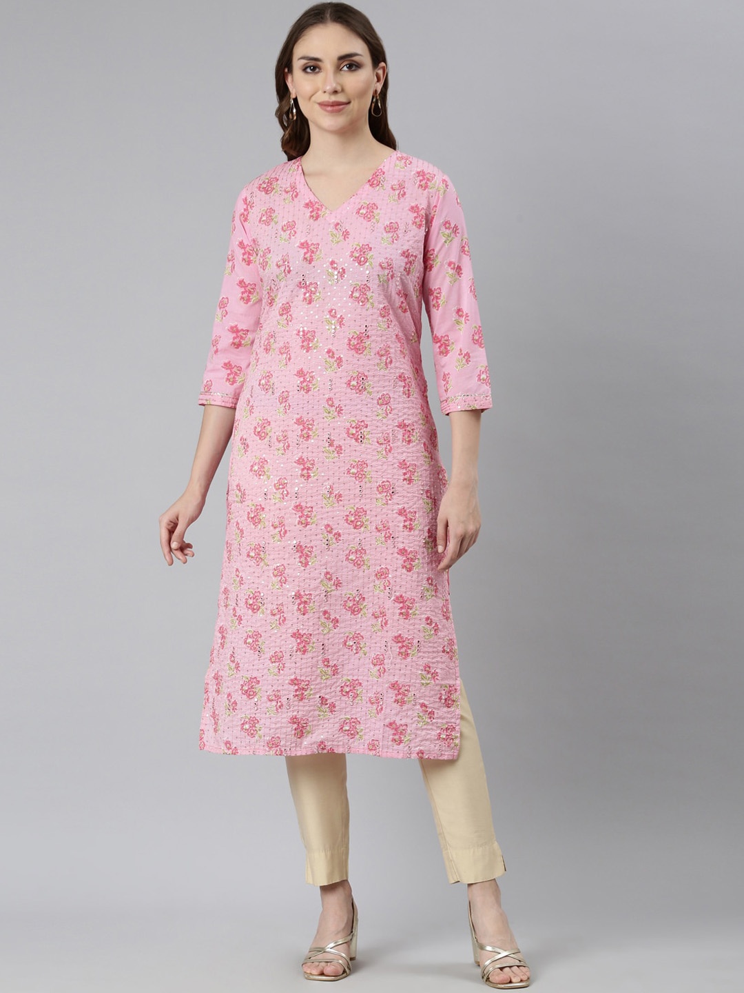 

Neerus Floral Printed V-Neck Sequinned Cotton Straight Kurta, Pink