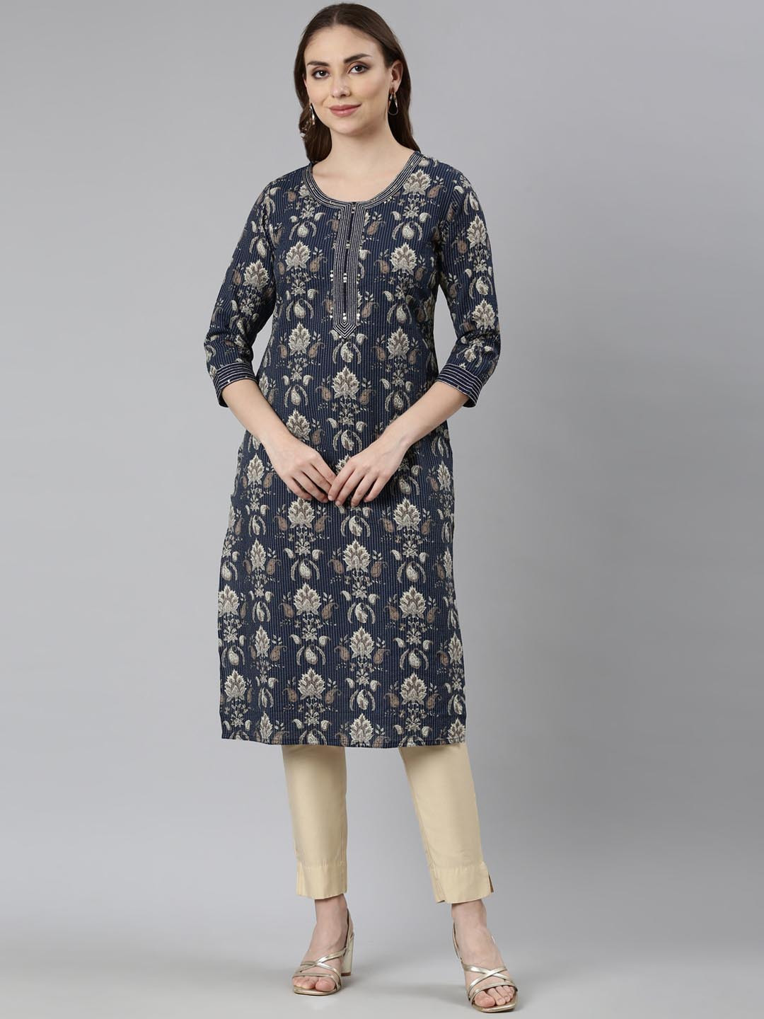 

Neerus Floral Printed Three-Quarter Sleeves Cotton Straight Kurta, Navy blue