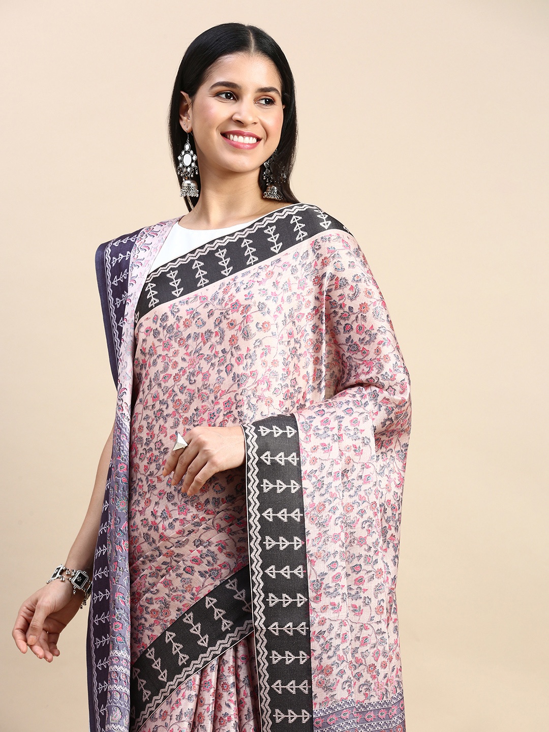 

Mitera Floral Printed Pashmina Saree, Beige